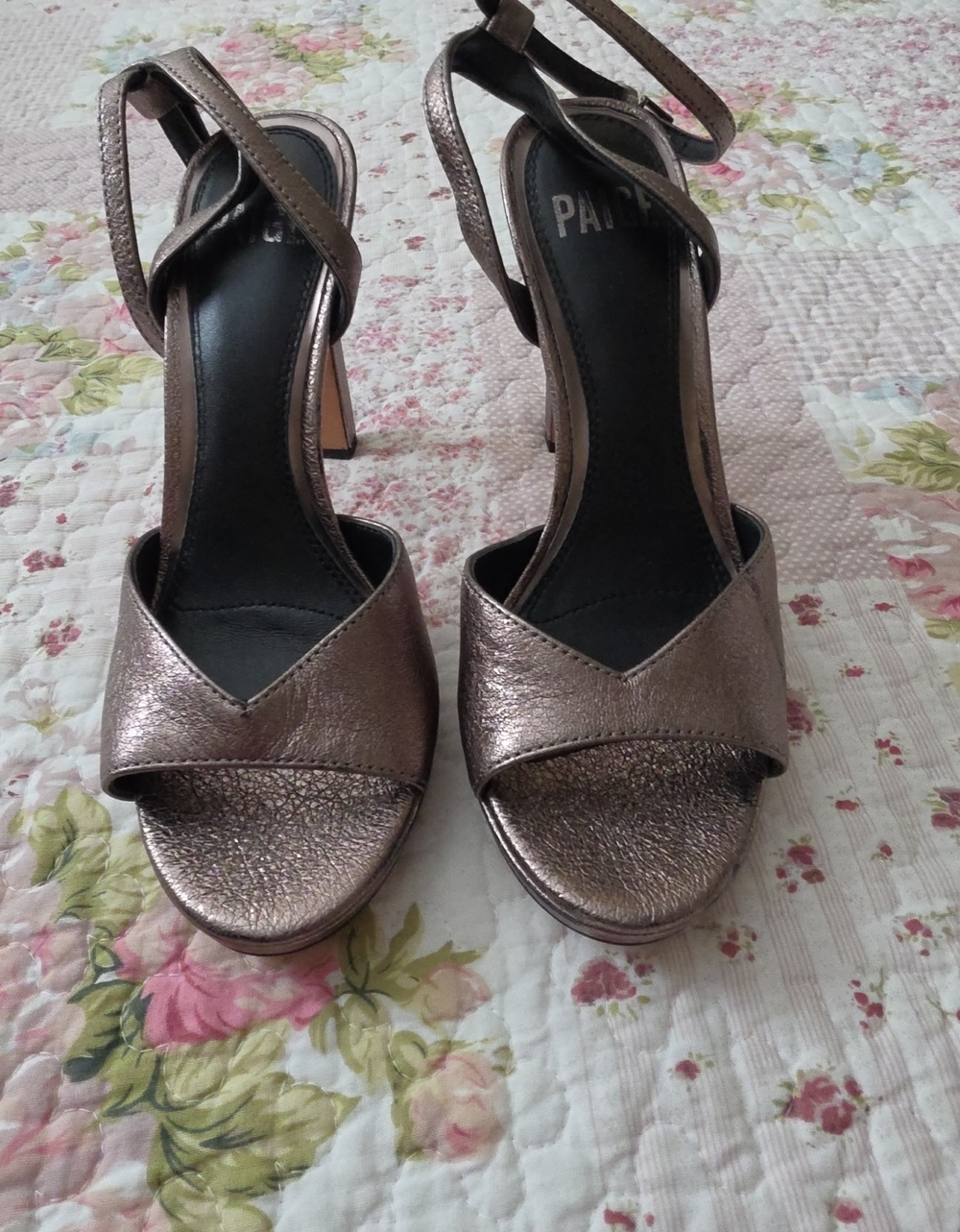 Metallic Open-Toe Ankle-Strap Heels in Bronze